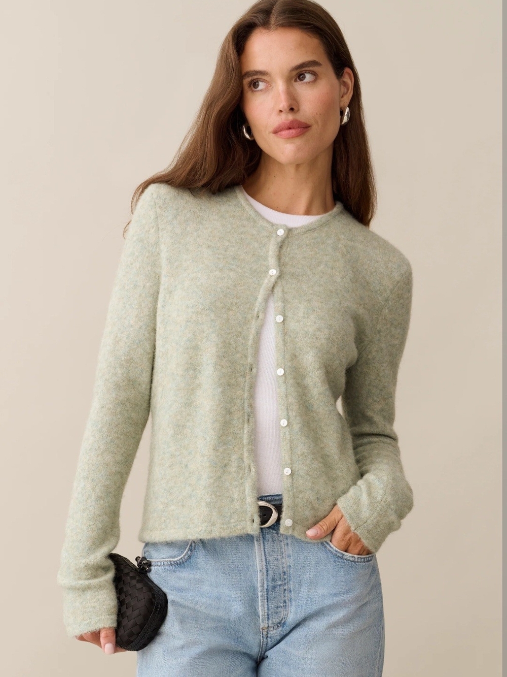 Few Moda Light Sage Crewneck Button Cardigan Sweater